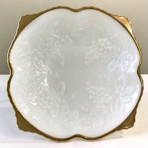 Vintage Milk Glass Bowl with Gold Trim Raised Grape Pattern 10” Anchor Hocking
